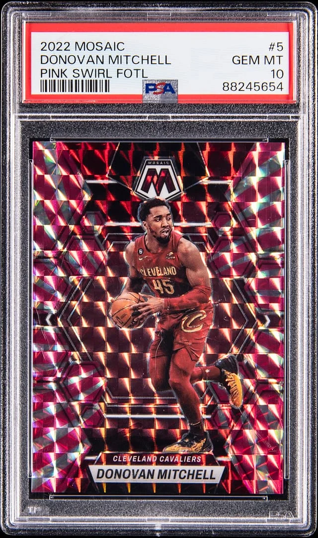 2022-23 Panini Mosaic Donovan Mitchell Pink Swirl First Off The Line #5 card image