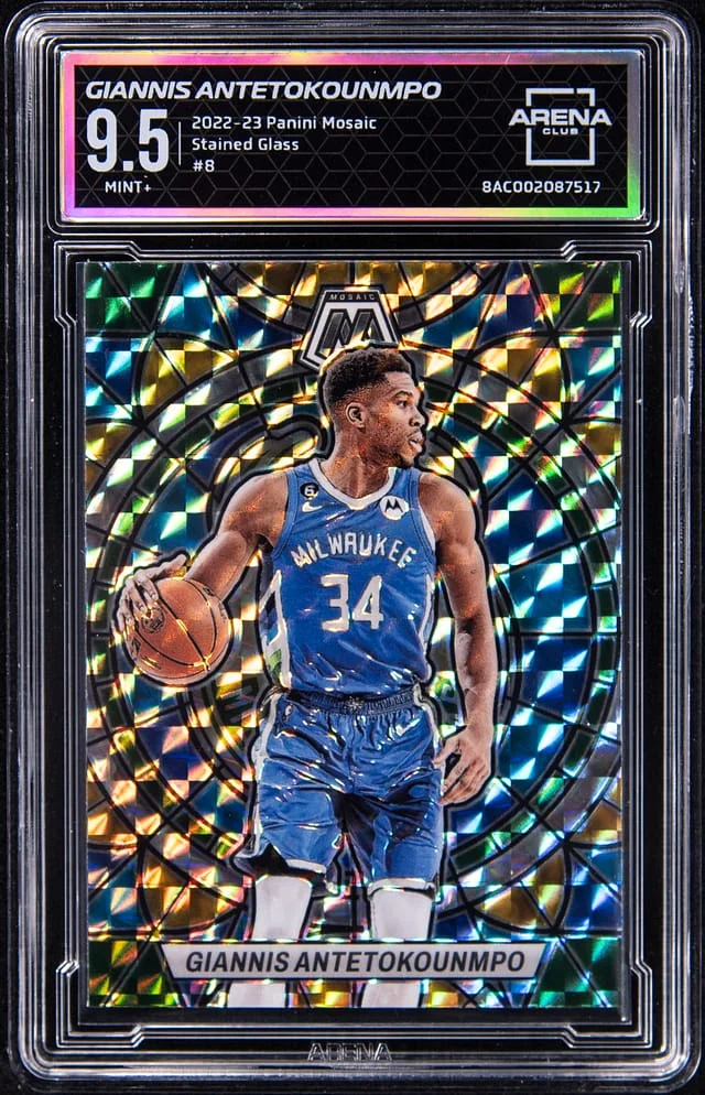 2022-23 Panini Mosaic Giannis Antetokounmpo - AC MINT+ 9.5 Stained Glass #8 card image