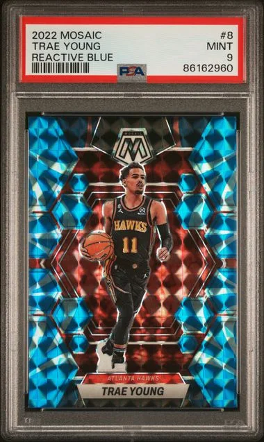 2022-23 Panini Mosaic Trae Young Reactive Blue #8 card image