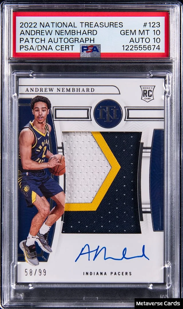 2022-23 Panini National Treasures Andrew Nembhard Patch Autograph (RPA) #123 card image