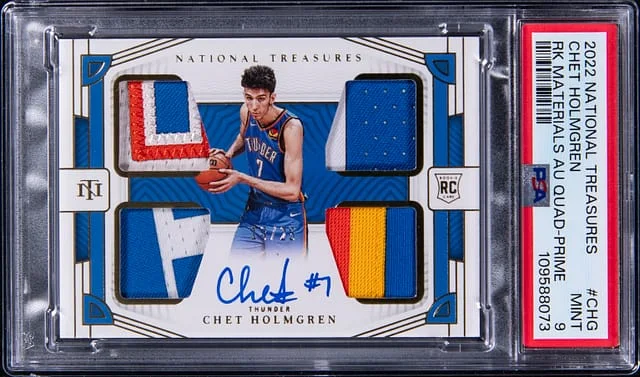 2022-23 Panini National Treasures Chet Holmgren Materials Autograph Quad Prime #CHG card image