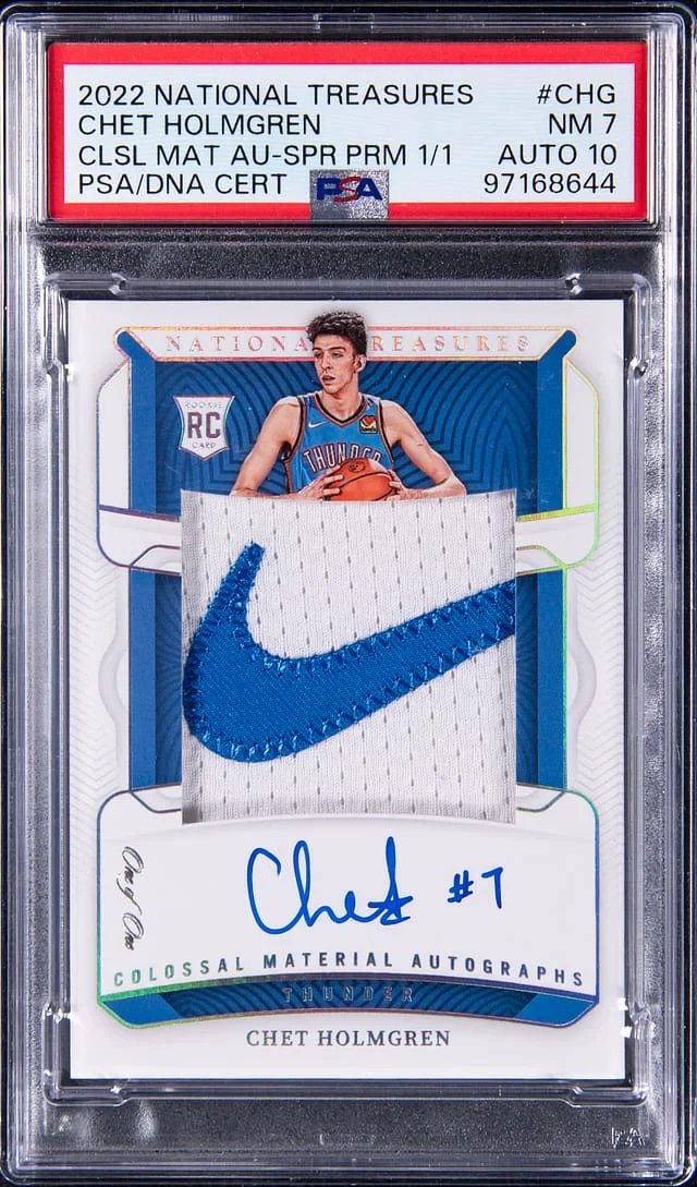 2022-23 Panini National Treasures Chet Holmgren Colossal Material Autographs Super Prime #CMA-CHG card image