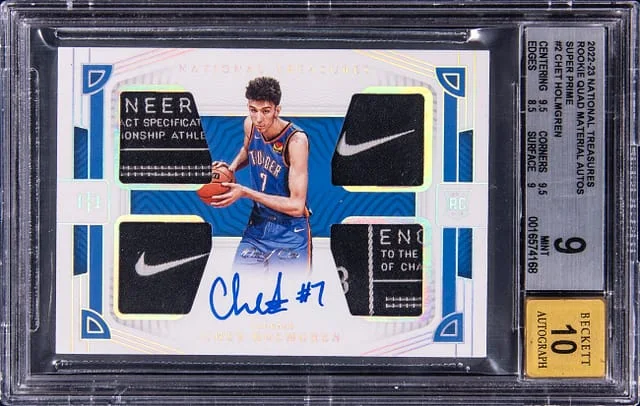 2022-23 Panini National Treasures Chet Holmgren Quad Materials Autographs Super Prime #RMQ-CHG card image