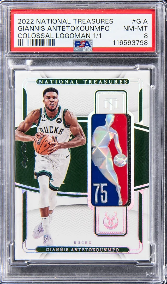 2022-23 Panini National Treasures Giannis Antetokounmpo Colossal Logoman 75th Anniversary #CL-GIA card image