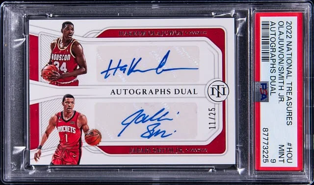 2022-23 Panini National Treasures Hakeem Olajuwon/Jabari Smith Jr. Dual Autograph Dual #AD-HOU card image