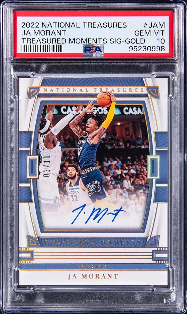 2022-23 Panini National Treasures Ja Morant Treasured Moments Signature Gold #TM-JAM card image