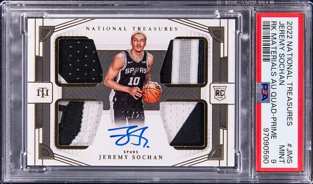 2022-23 Panini National Treasures Jeremy Sochan Materials Autograph Quad Prime #RMQ-JMS card image