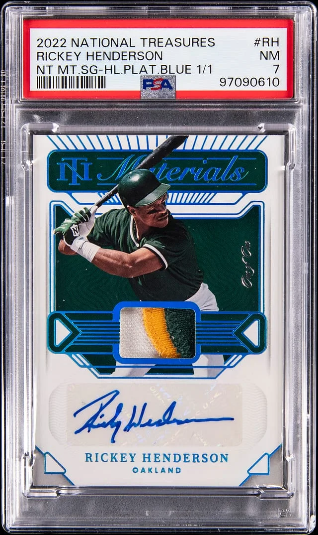 2022-23 Panini National Treasures Rickey Henderson NT Materials Signatures Platinum Blue Holo #NMS-RH card image