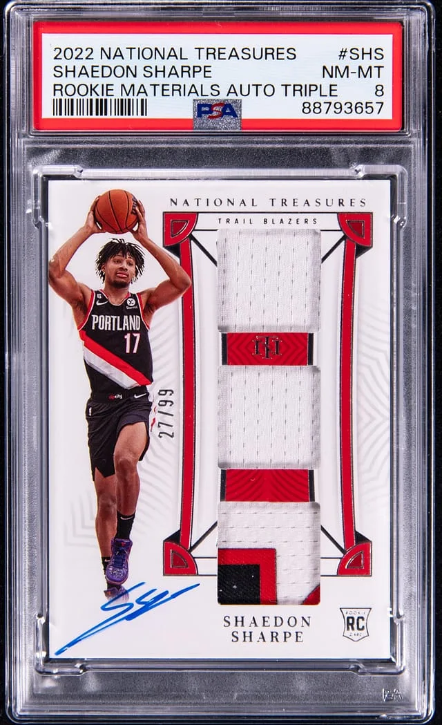 2022-23 Panini National Treasures Shaedon Sharpe Materials Autograph Triple #SHS card image