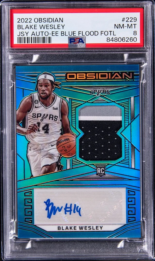 2022-23 Panini Obsidian Blake Wesley Jersey Autograph Electric Etch Blue Flood FOTL #229 card image