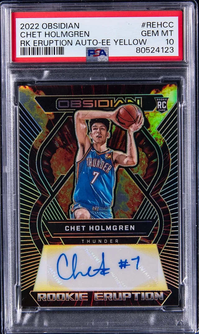 2022-23 Panini Obsidian Chet Holmgren Eruption Autographs Electric Etch Yellow #RE-HCC card image