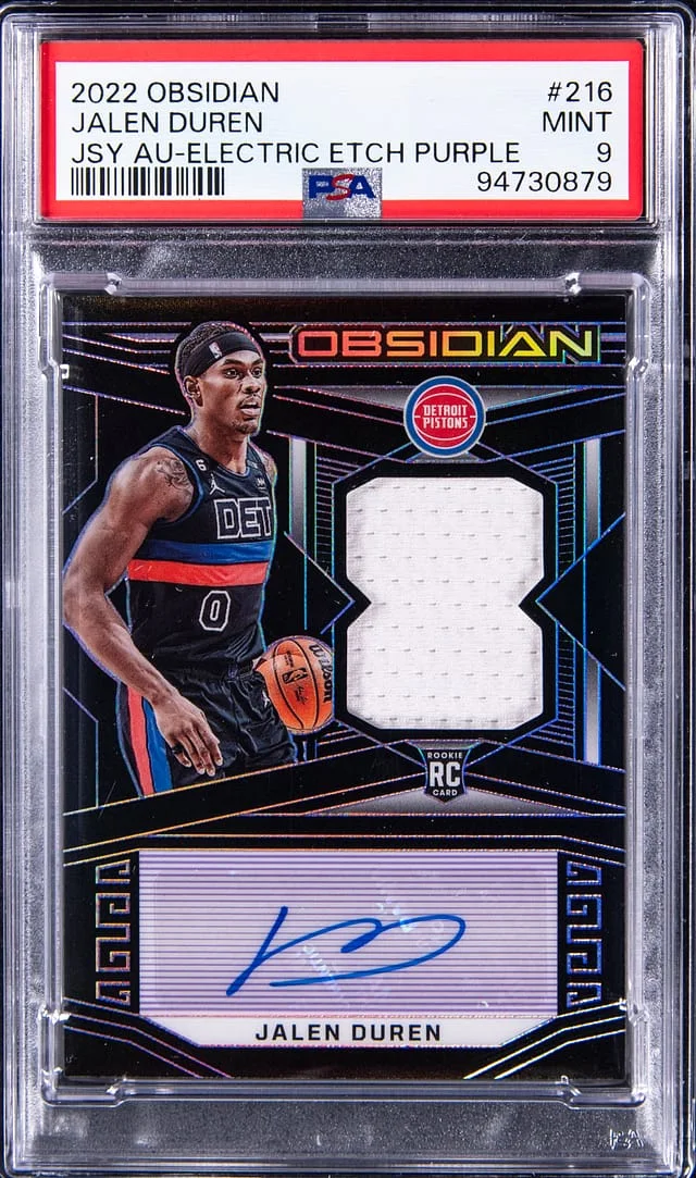 2022-23 Panini Obsidian Jalen Duren Jersey Autograph Electric Etch Purple #216 card image
