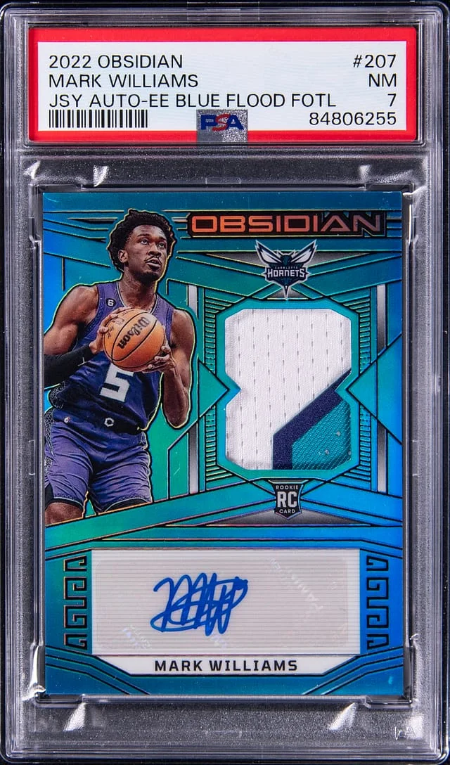 2022-23 Panini Obsidian Mark Williams Jersey Autograph Electric Etch Blue Flood FOTL #207 card image