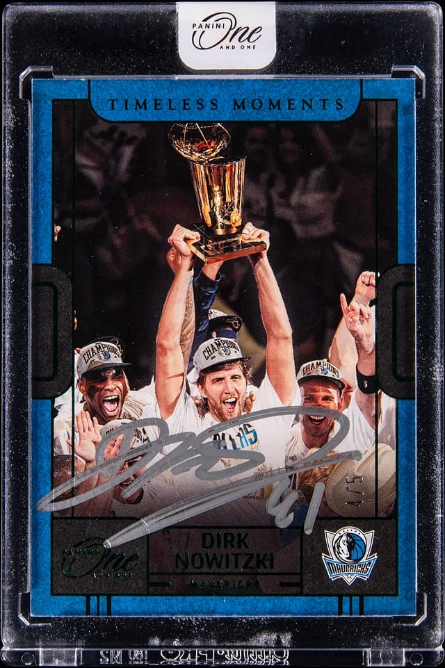 2022-23 Panini One and One Dirk Nowitzki Timeless Moments Autographs Vertical Green #TMA-DNW card image