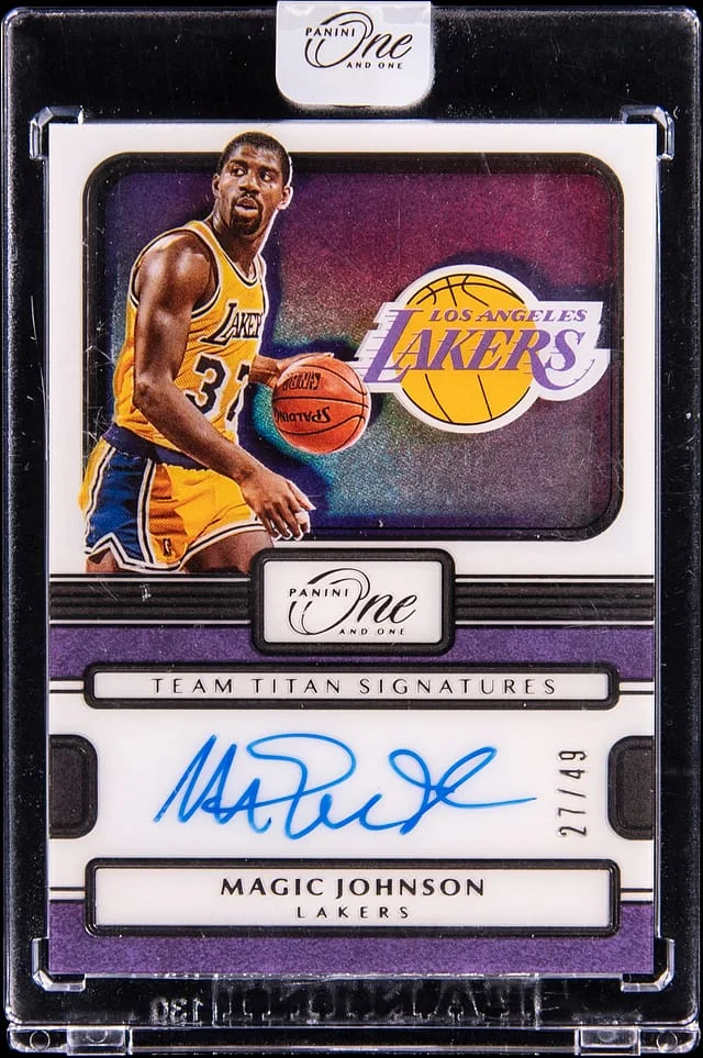 2022-23 Panini One and One Magic Johnson Team Titan Signatures Blue #TTS-MJO card image