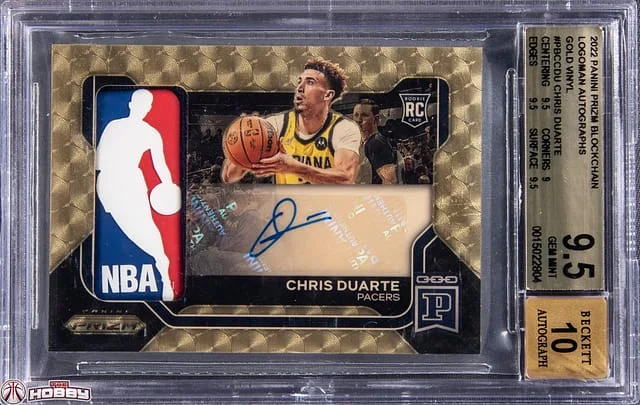 2022-23 Panini Prizm Chris Duarte Blockchain Logoman Autographs Gold Vinyl #PBC-CDU card image