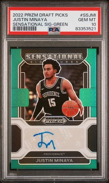 2022-23 Panini Prizm Draft Picks Justin Minaya Sensational Signatures Green Prizm #SSJMI card image