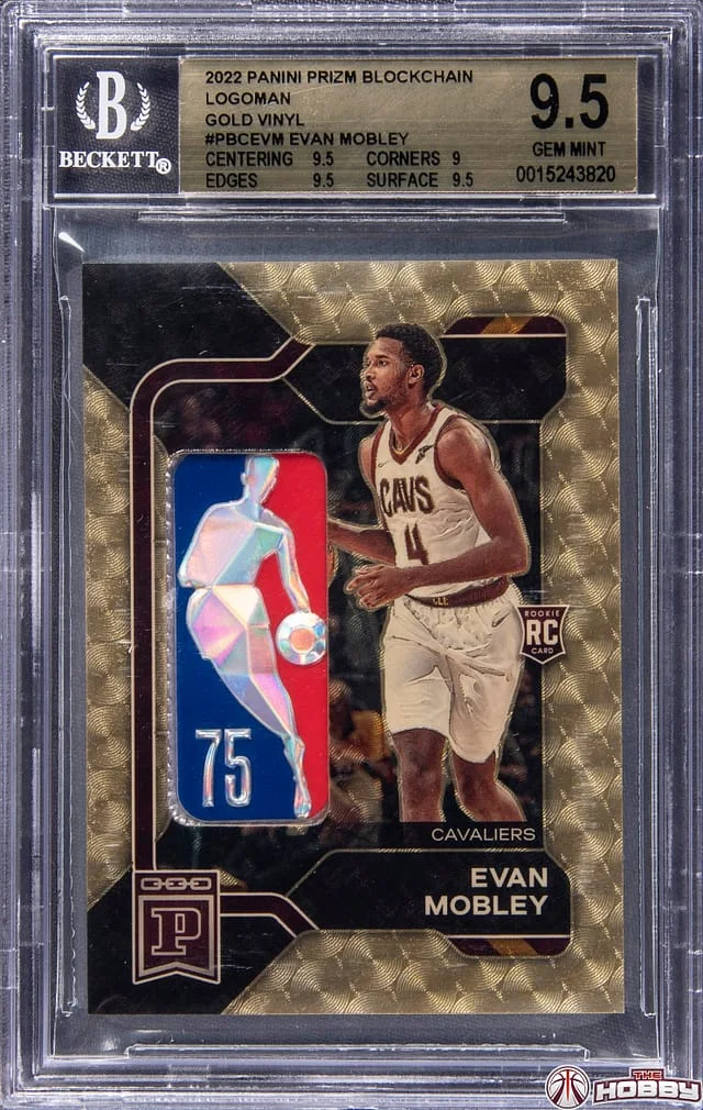 2022-23 Panini Prizm Evan Mobley Blockchain Logoman Gold Vinyl #PBC-EVM card image