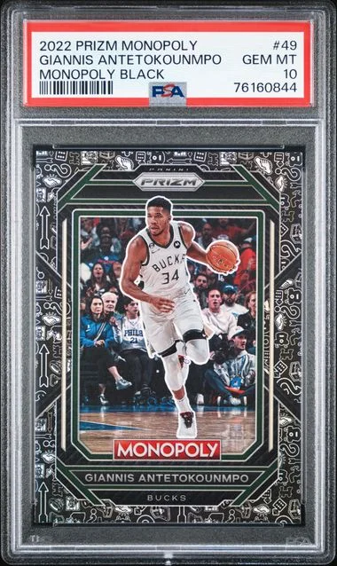 2022-23 Panini Prizm Giannis Antetokounmpo Monopoly White Sparkle #49 card image