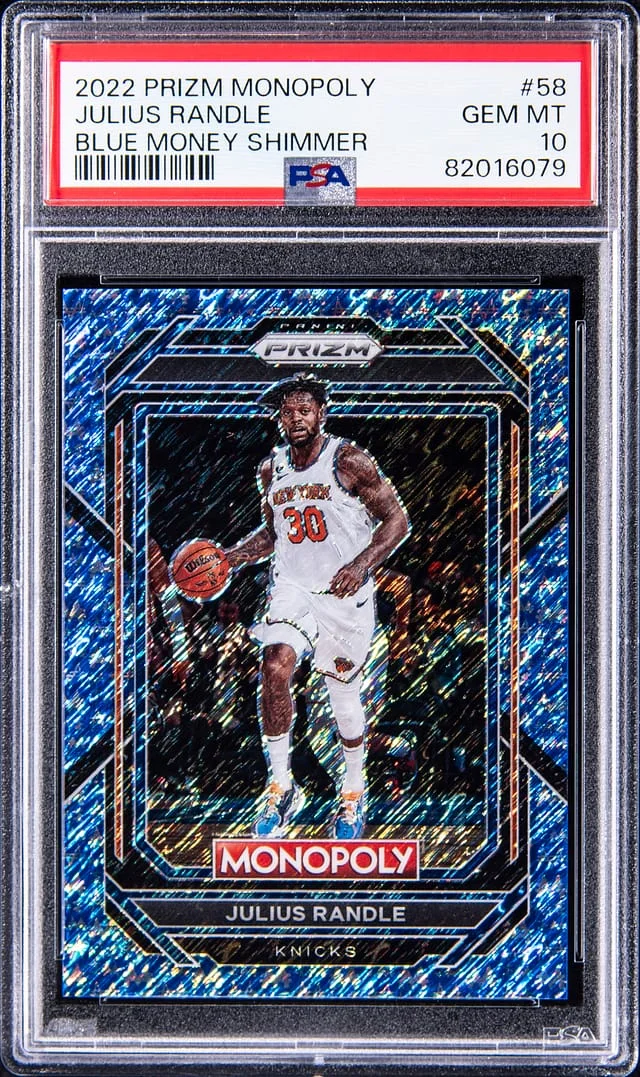 2022-23 Panini Prizm Julius Randle Monopoly Blue Money Shimmer #58 card image