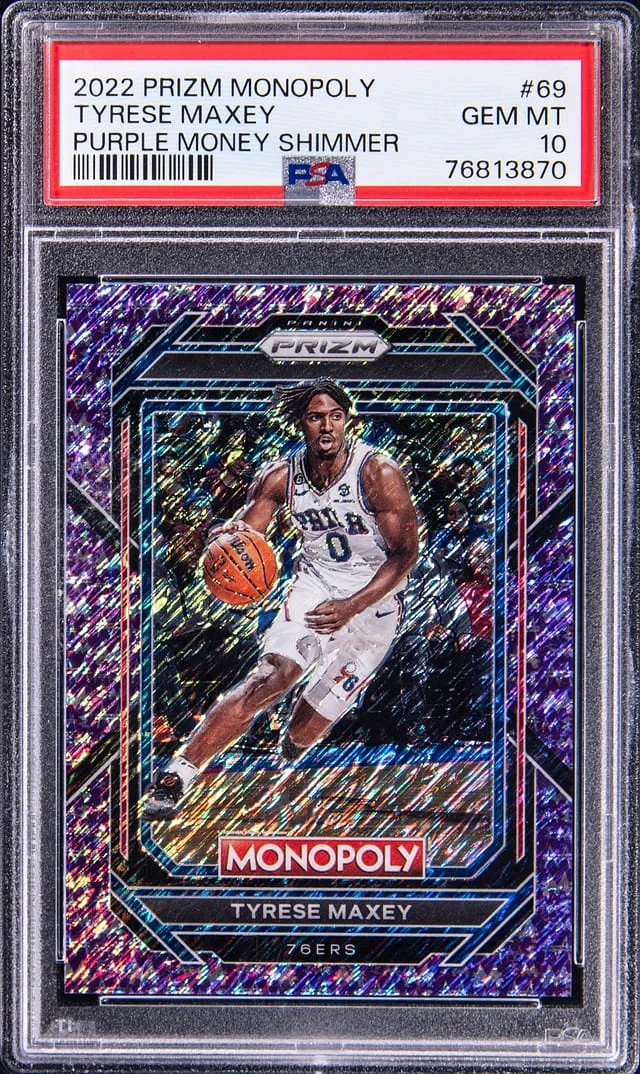 2022-23 Panini Prizm Tyrese Maxey Purple Money Shimmer #69 card image
