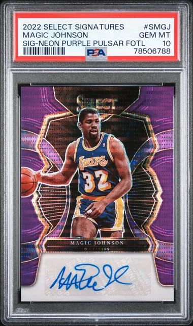 2022-23 Panini Select Magic Johnson Signatures Neon Purple Pulsar FOTL #S-MGJ card image