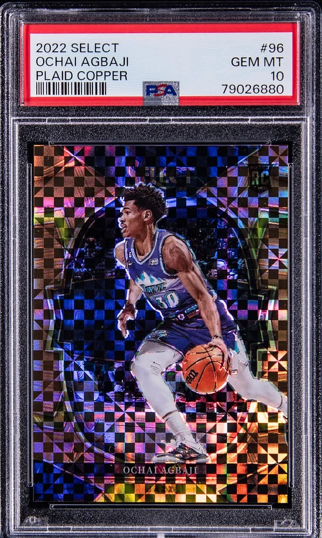 2022-23 Panini Select Ochai Agbaji Plaid Copper #96 card image