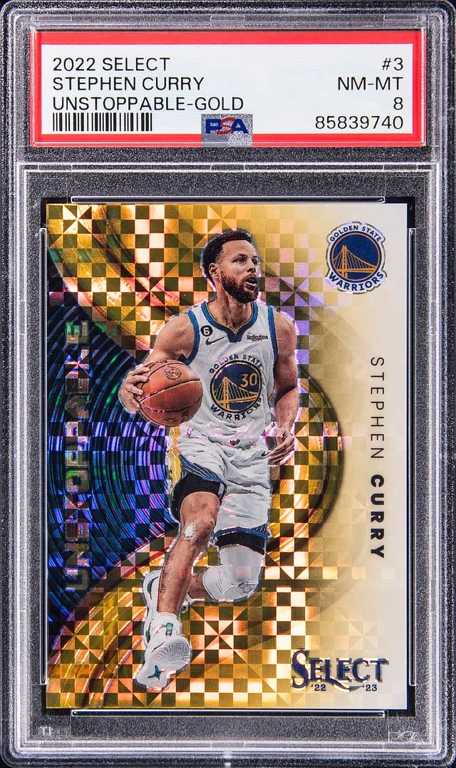 2022-23 Panini Select Stephen Curry Unstoppable Gold Prizm #3 card image
