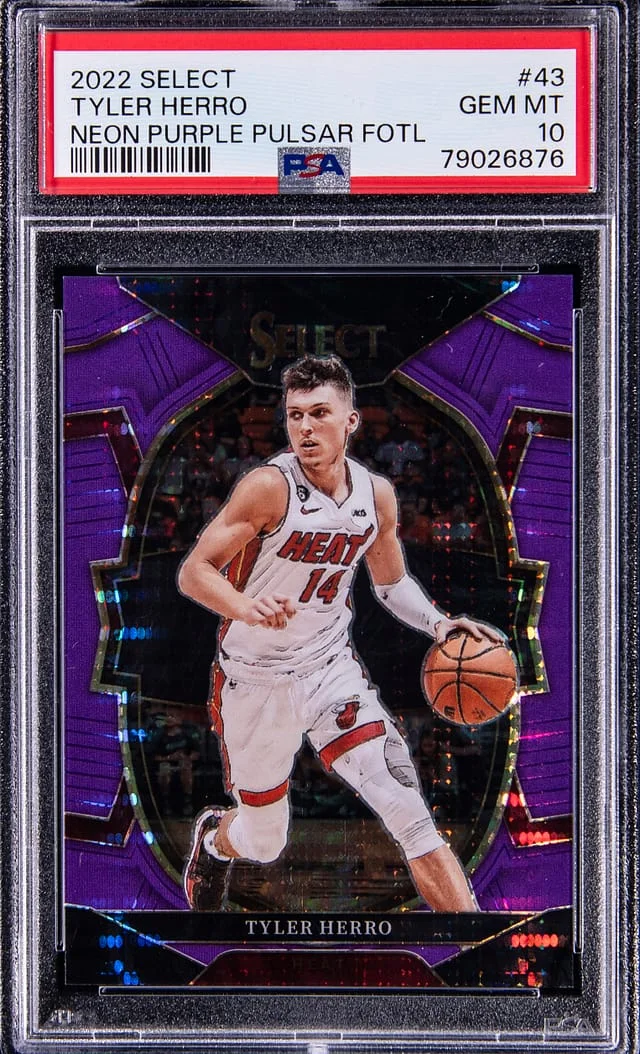 2022-23 Panini Select Tyler Herro Neon Purple Pulsar FOTL #43 card image