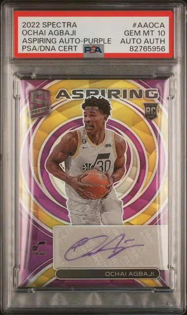 2022-23 Panini Spectra Ochai Agbaji Aspiring Autographs Purple #AA-OCA card image