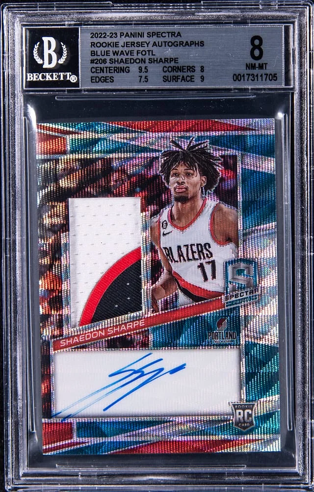 2022-23 Panini Spectra Shaedon Sharpe Jersey Autograph Blue Wave FOTL #206 card image