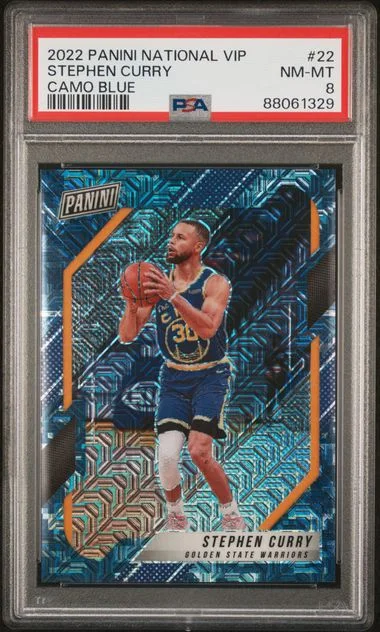 2022-23 Panini Stephen Curry National VIP Camo Blue #22 card image