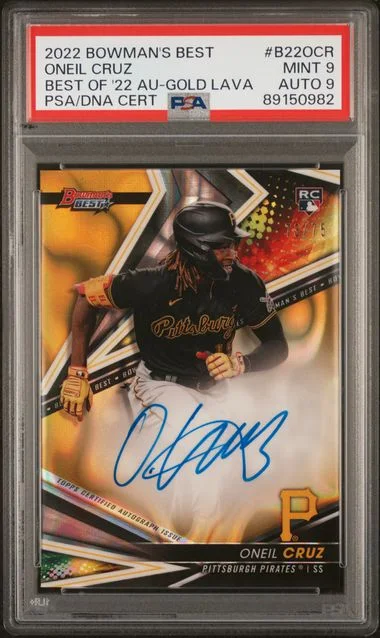 2022 Bowman Best Oneil Cruz Best Of 2022 Autographs Gold Lava Refractor #B22OCR card image