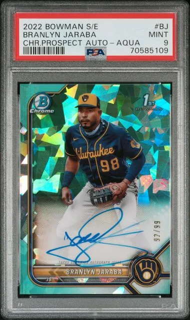 2022 Bowman Branlyn Jaraba Sapphire Edition Chrome Prospect Autographs Aqua #BJ card image