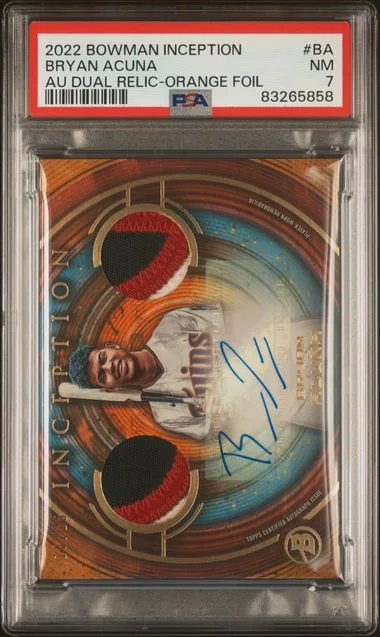 2022 Bowman Bryan Acuna Inception Autograph Dual Relics Orange Foil #IADR-BA card image