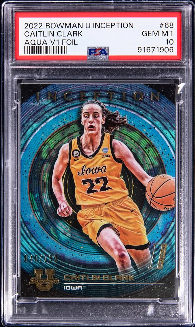2022 Bowman Caitlin Clark Crd U Inception Aqua V1 Foil #68 card image