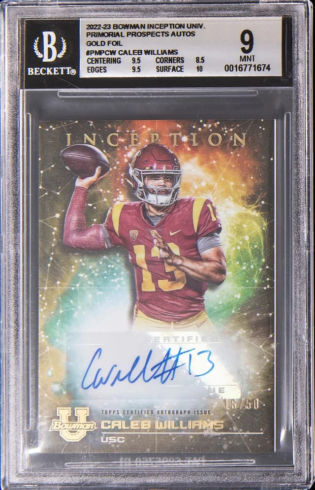 2022 Bowman Caleb Williams Inception University Primordial Prospects Autograph Gold Foil #PMP-CW card image