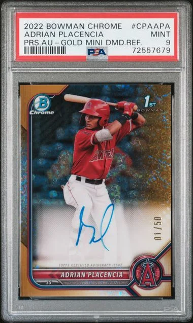 2022 Bowman Chrome Adrian Placencia Prospect Autographs Gold Mini Diamond Refractor #CPA-APA card image