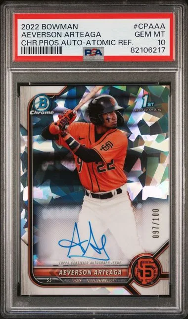 2022 Bowman Chrome Aeverson Arteaga Prospect Autographs Atomic Refractor #CPA-AA card image