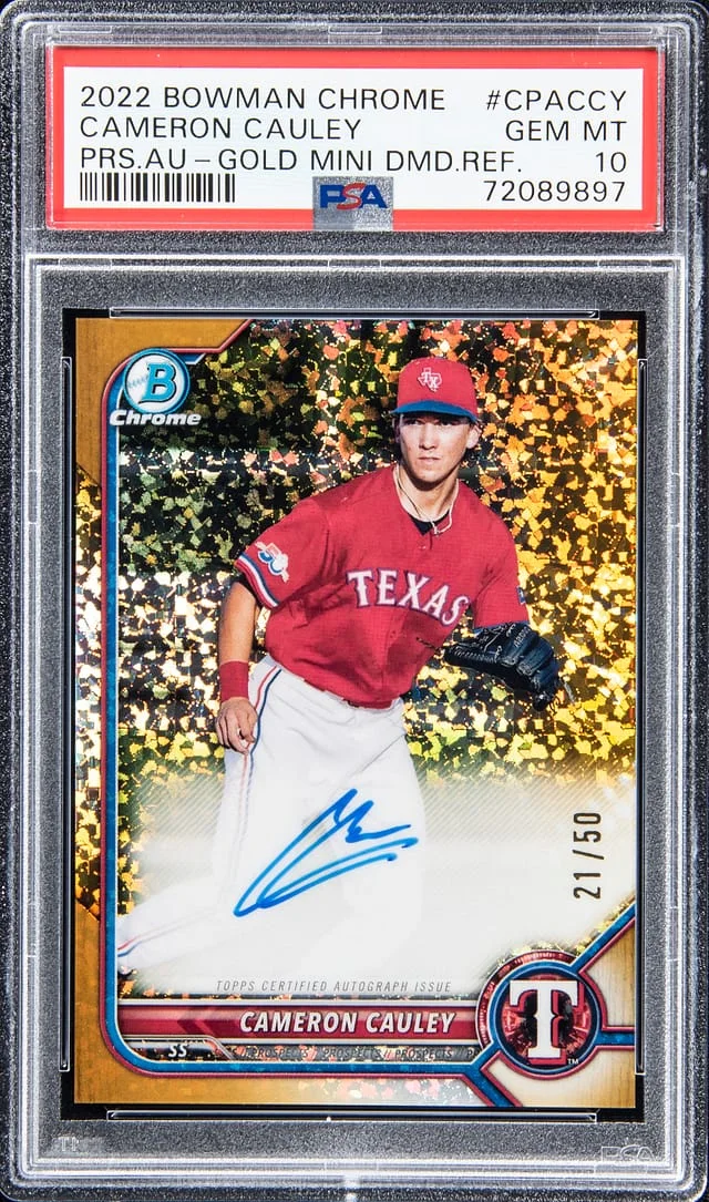 2022 Bowman Chrome Cameron Cauley Prospect Autographs Gold Mini Diamond Refractor #CPACCY card image