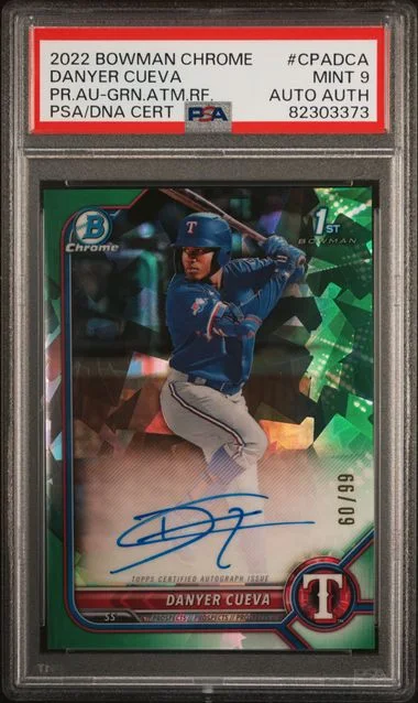 2022 Bowman Chrome Danyer Cueva Prospect Autographs Green Atomic Refractor #CPA-DCA card image
