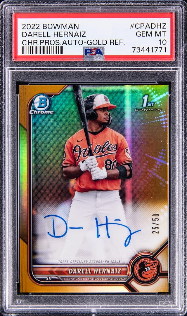 2022 Bowman Chrome Darell Hernaiz Prospect Autograph Gold Refractor #CPADHZ card image