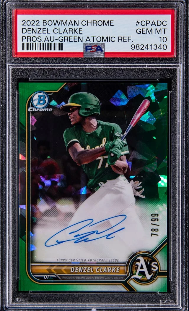 2022 Bowman Chrome Denzel Clarke Prospect Autographs Green Atomic Refractor #CPA-DC card image