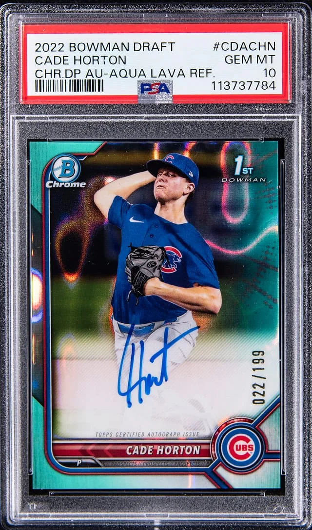 2022 Bowman Chrome Draft Cade Horton Draft Picks Autograph Aqua Lava Refractor #CDA-CHN card image