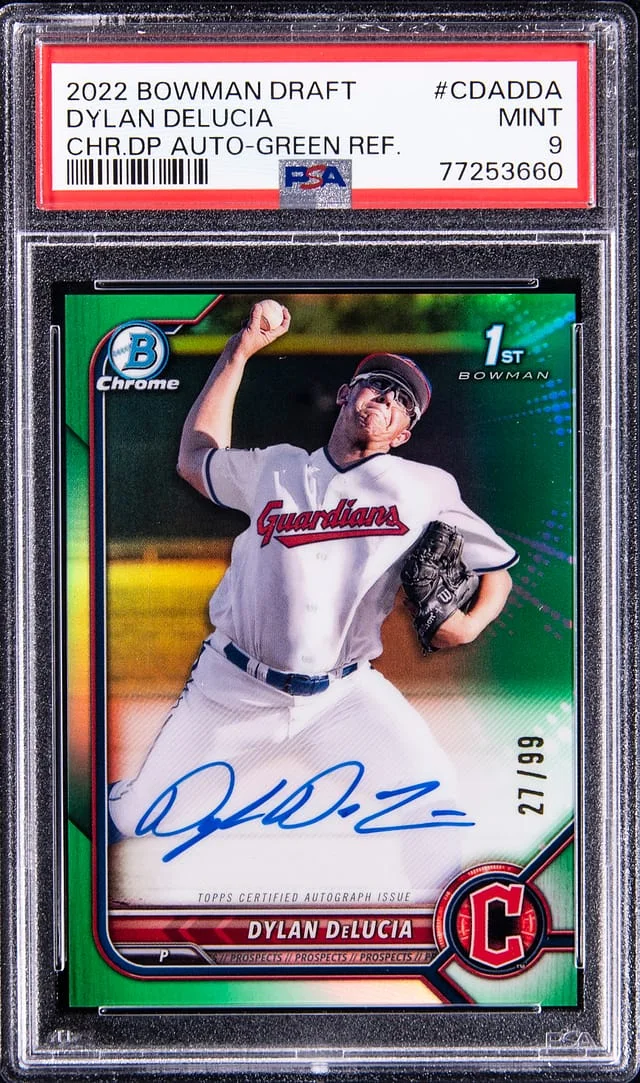 2022 Bowman Chrome Draft Dylan Delucia Pick Autograph Green Refractor #CDADDA card image