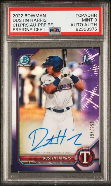 2022 Bowman Chrome Dustin Harris Prospect Autographs Purple Refractor #CPA-DHR card image