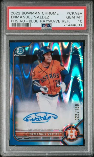 2022 Bowman Chrome Enmanuel Valdez Prospect Autographs Blue Raywave Refractor #CPA-EV card image
