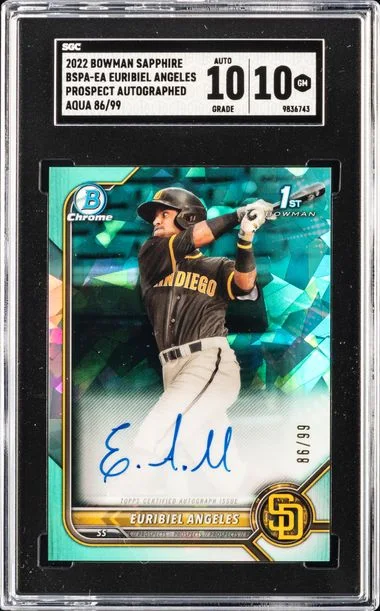 2022 Bowman Chrome Euribiel Angeles Prospect Autographed Sapphire Aqua #BSPAEA card image