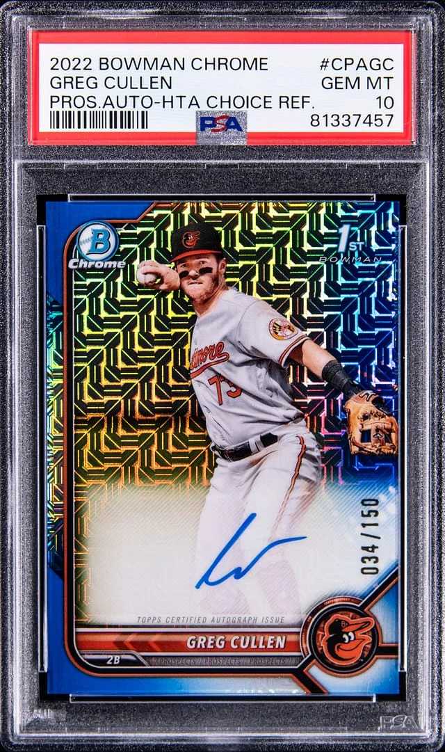 2022 Bowman Chrome Greg Cullen Prospect Autographs HTA Blue Choice Refractor #CPA-GC card image