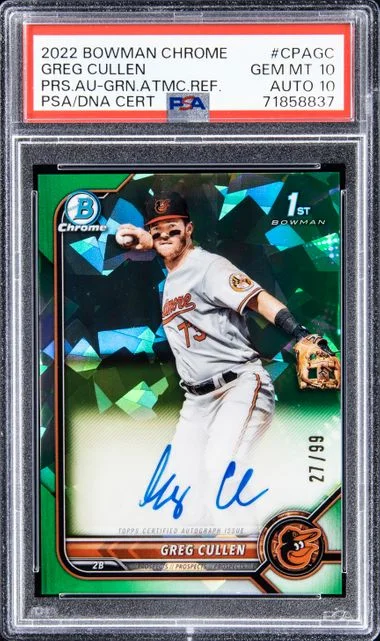 2022 Bowman Chrome Greg Cullen Prospect Autographs Green Atomic Refractor #CPAGC card image